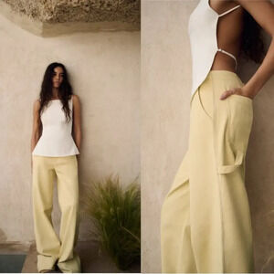 Zara Pants Full Length‎ Turn Up Baggy Wide Leg Butter Yellow Trouser Size Large